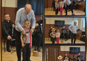 muzyk, dzieci z rekwizytami