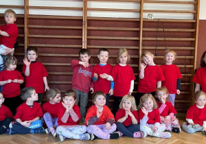 grupa przedszkolaków, nauczycielki w czerwonych podkoszulkach