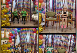 kolaż zdjęć, przedszkolaki na krzesłach, dekoracja, kurtyna, balony