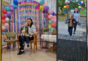 kolaż zdjęć, przedszkolak, osoba dorosła na krzesłach, dekoracja, kurtyna, balony