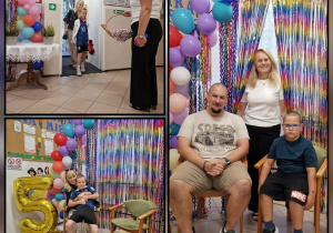 kolaż zdjęć, przedszkolaki na krzesłach, dorośli, dekoracja, kurtyna, balony